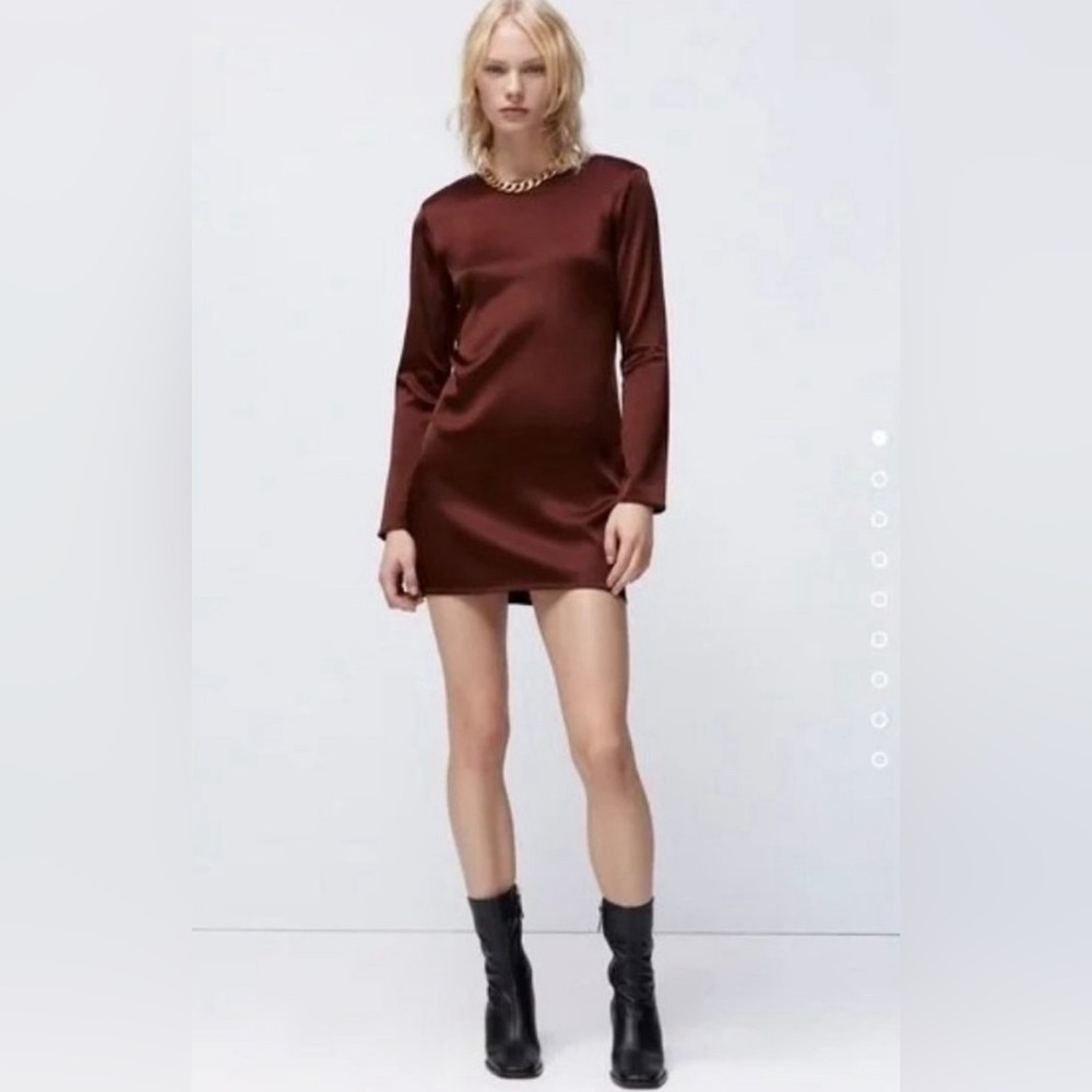 Zara Satin Mini Dress Shoulder Pads Keyhole Button‎ Back M Brown